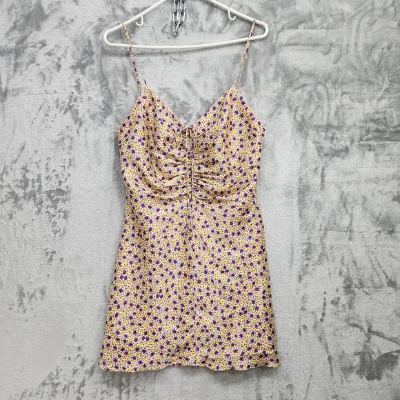 Zara Dresses & Skirts - Zara Dress Womens L Multicolor Floral Satin Slip Ruched Tie Front Mini Party
